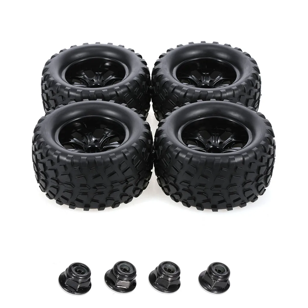 4pcs 125mm Rubber 1/10 RC Monster Truck Tires and Wheel Rims 12mm Hex With Nylon 4mm Lock Nuts For Trxs Himoto HSP HPI Redcat 2
