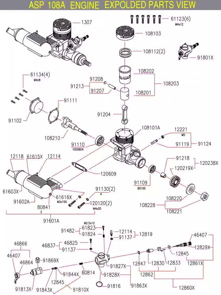 asp s108a rc gas engine replacement parts