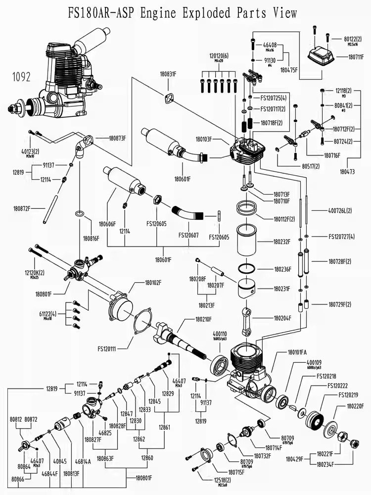 asp fs180ar parts & accessories — carburetor, gasket, valves